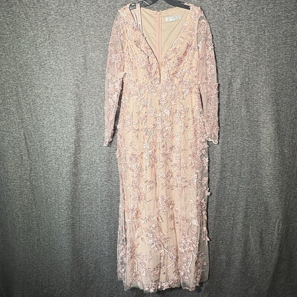 Mac Duggal Floral Applique Long Sleeve Illusion Gown Rose Pink Size 8 70224 - Picture 1 of 13